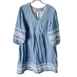 J. Jill Dress Women's XL Blue Denim Embroidered Balloon Sleeve Capsule